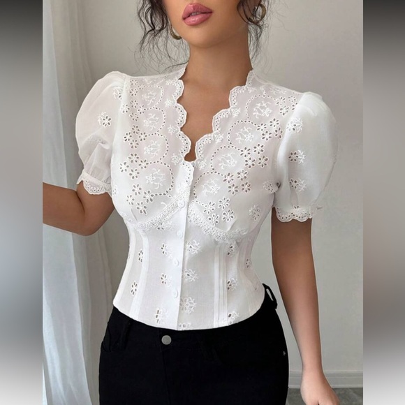 Boho white embroidered mesh insert V neck blouse - Picture 1 of 6